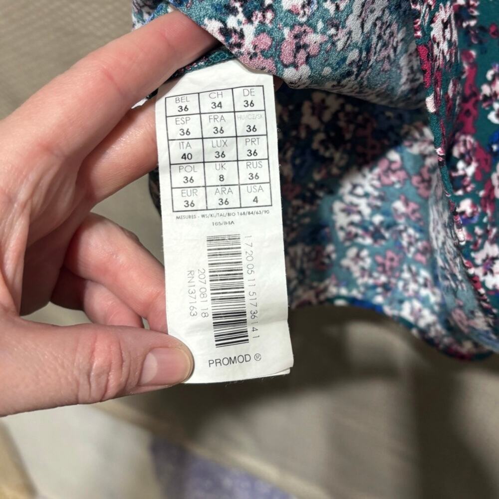 Promod Floral Mini Dress | Size 4 (US) | 3/4 Sleeve Teal Blue Multi Print - Picture 6 of 10